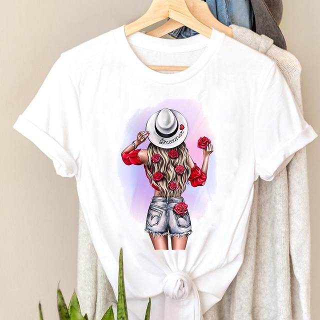 New Arrivals Women White T Shirt Fashion Belle Bubble Gum